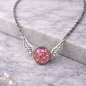 Interchangeable Silver Angel Wing Snap Necklace Pink Crystal Resin Button